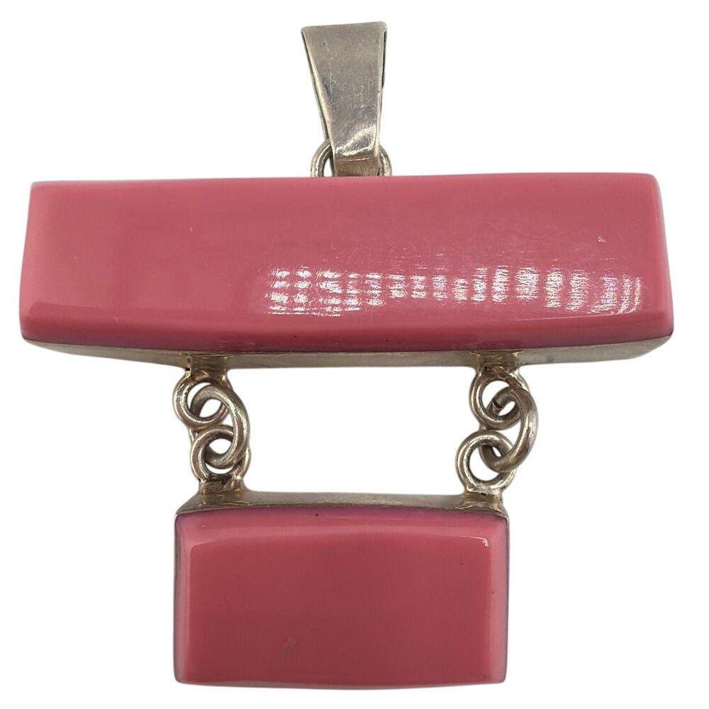 Vintage Mid Century Sterling Silver & Pink Lacquerware Link Pendant
